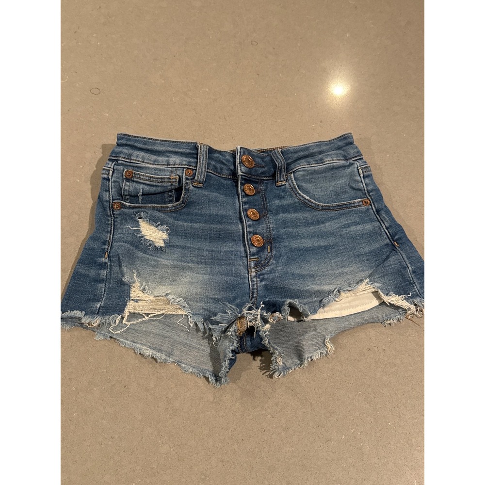 American Eagle Super Stretch Denim Shorts Women's Size 2 Button Fly Distressed